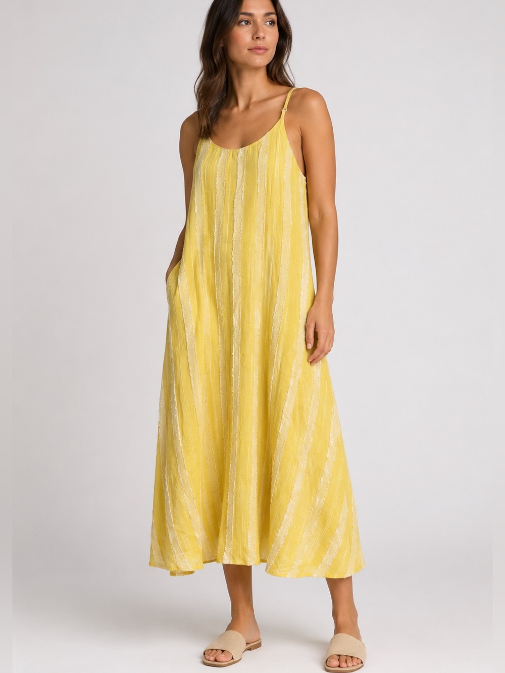 En Crème Yellow Textured Dress M Sleeveless Boho Sundress Lined